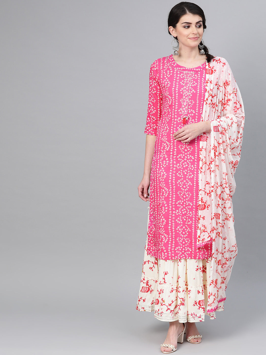 Women's Cotton Pink & Off White Printed Gota Patti A-Line Kurta Skirt Dupatta Set - Ishin