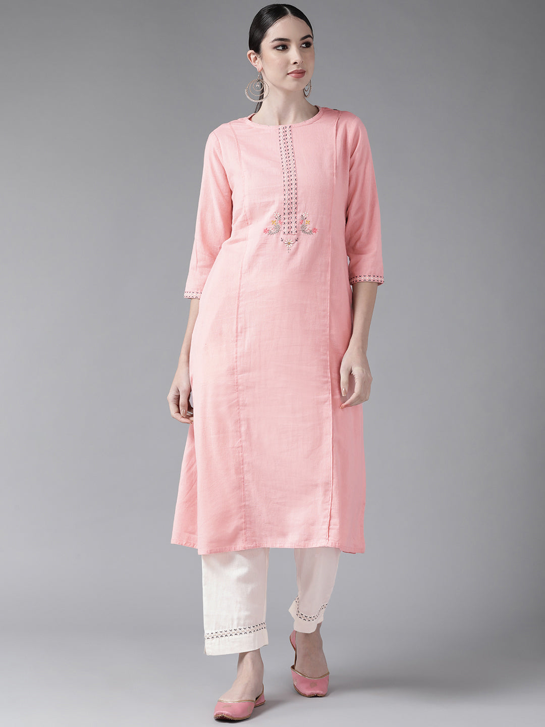 Women's Cotton Blend Pink & Off White Embroidered A-Line Kurta Trouser Set - Ishin