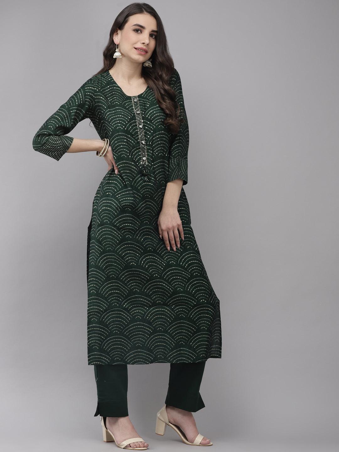 Women's Silk Blend Green Embroidered A-Line Kurta Trouser Set - Ishin - Indiakreations