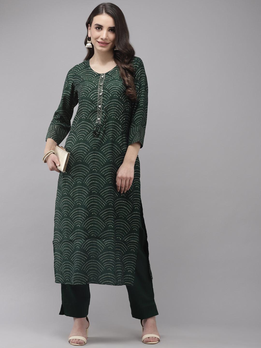 Women's Silk Blend Green Embroidered A-Line Kurta Trouser Set - Ishin - Indiakreations