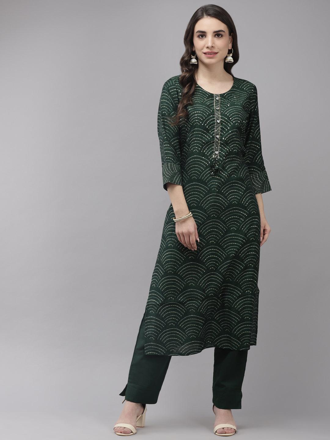 Women's Silk Blend Green Embroidered A-Line Kurta Trouser Set - Ishin - Indiakreations