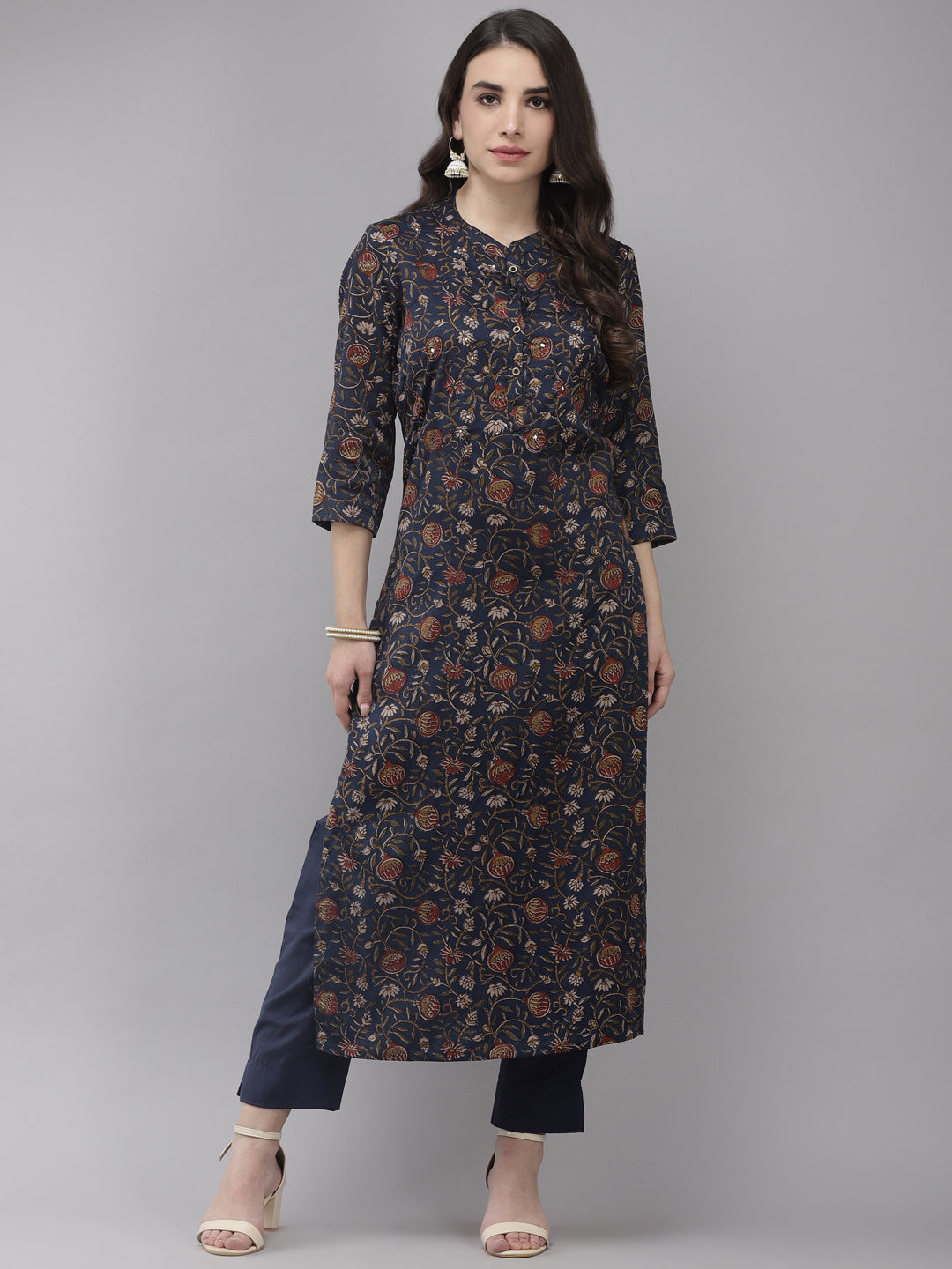 Women's Silk Blend Navy Blue Embroidered A-Line Kurta Trouser Set - Ishin