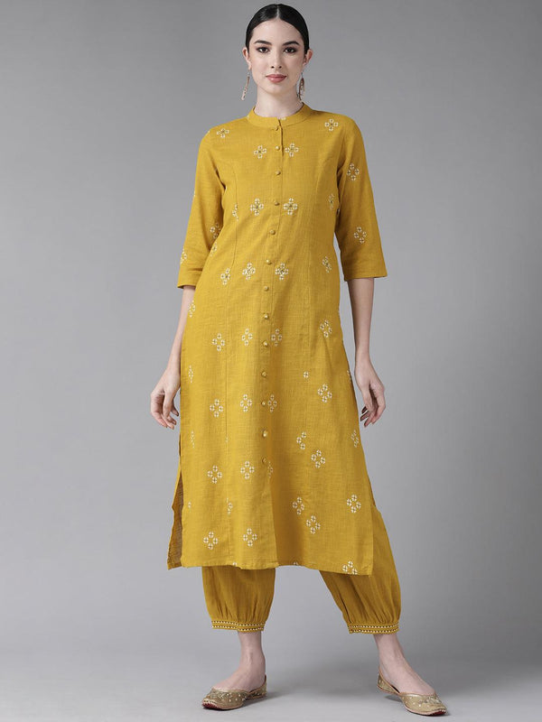 Women's Cotton Mustard Yellow Embroidered A-Line Kurta Salwar Set - Ishin - Indiakreations