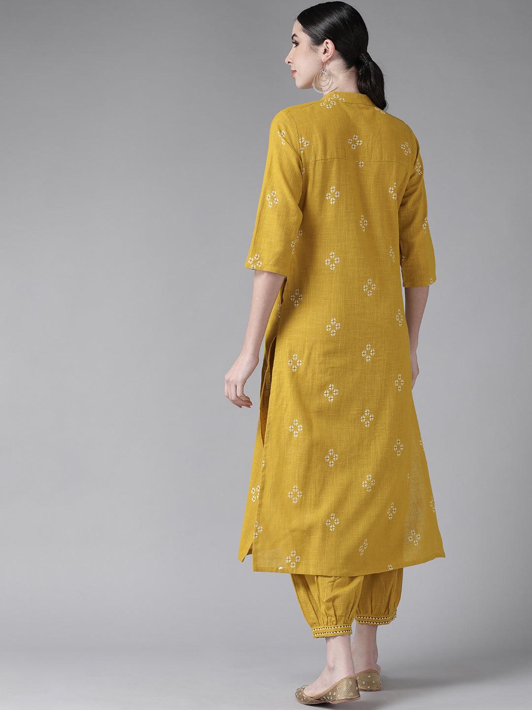 Women's Cotton Mustard Yellow Embroidered A-Line Kurta Salwar Set - Ishin - Indiakreations