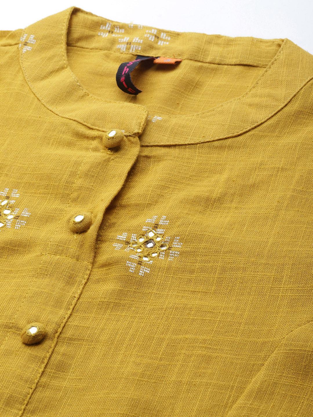 Women's Cotton Mustard Yellow Embroidered A-Line Kurta Salwar Set - Ishin - Indiakreations