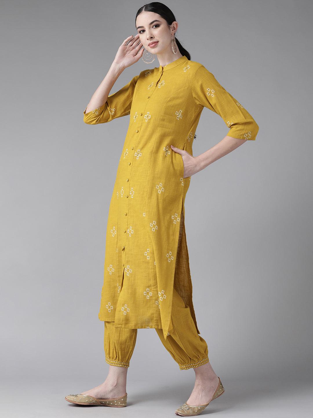 Women's Cotton Mustard Yellow Embroidered A-Line Kurta Salwar Set - Ishin - Indiakreations