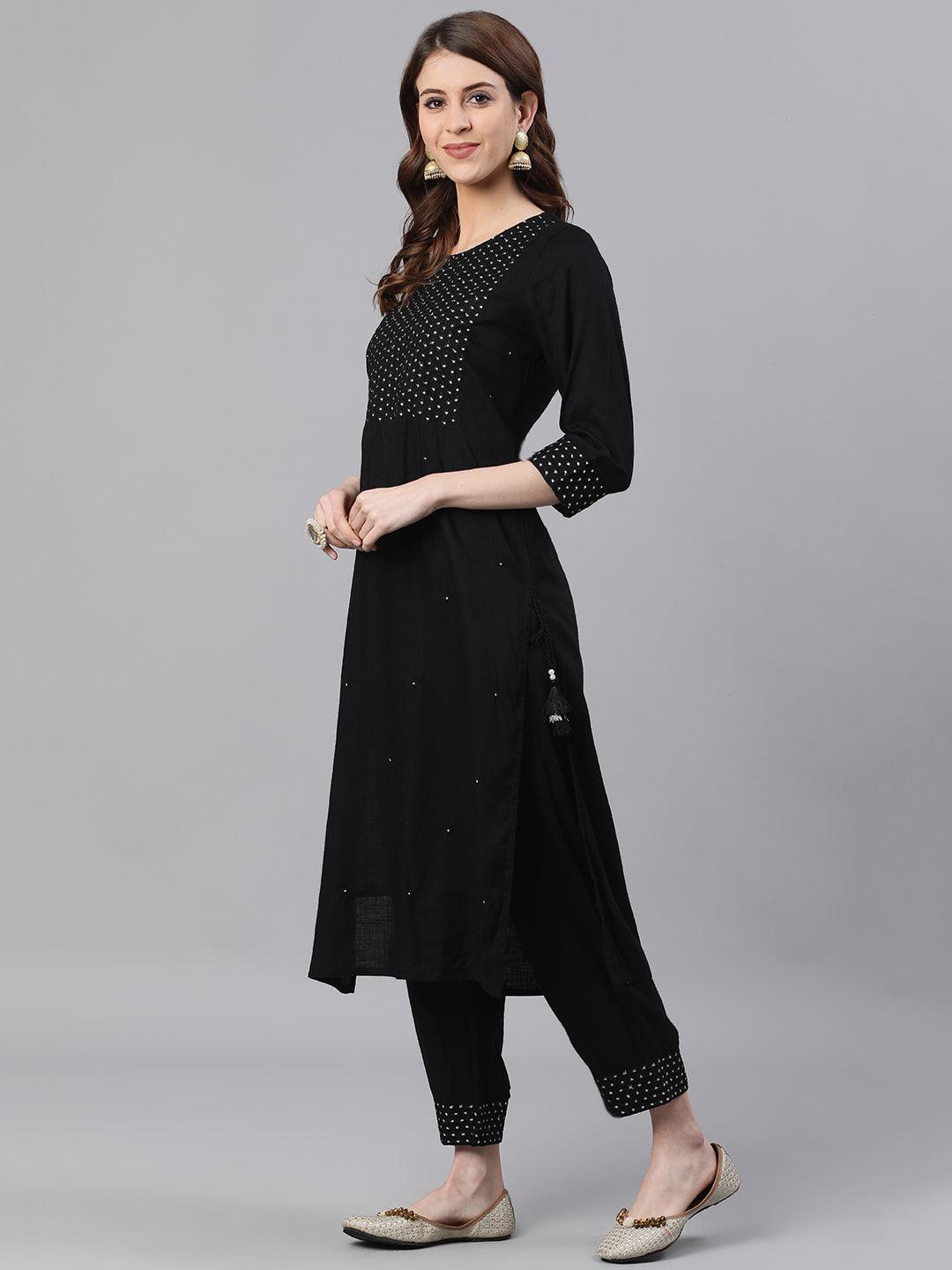 Women's Rayon Black Embroidered A-Line Kurta Trouser Set - Ishin - Indiakreations