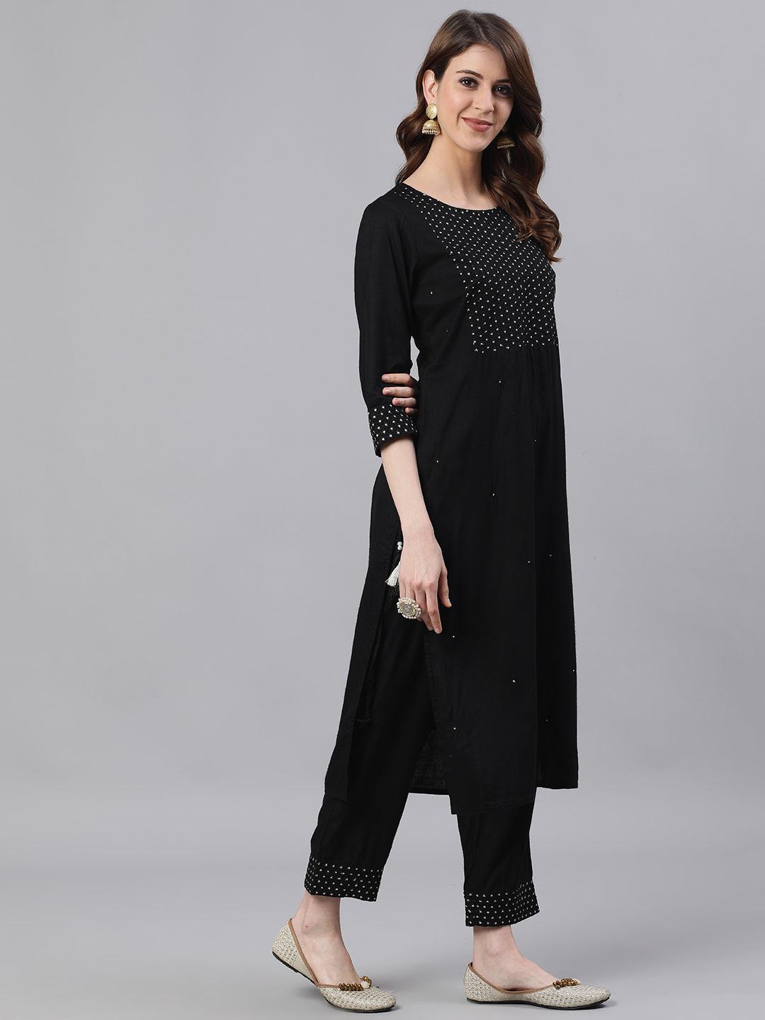 Women's Rayon Black Embroidered A-Line Kurta Trouser Set - Ishin - Indiakreations