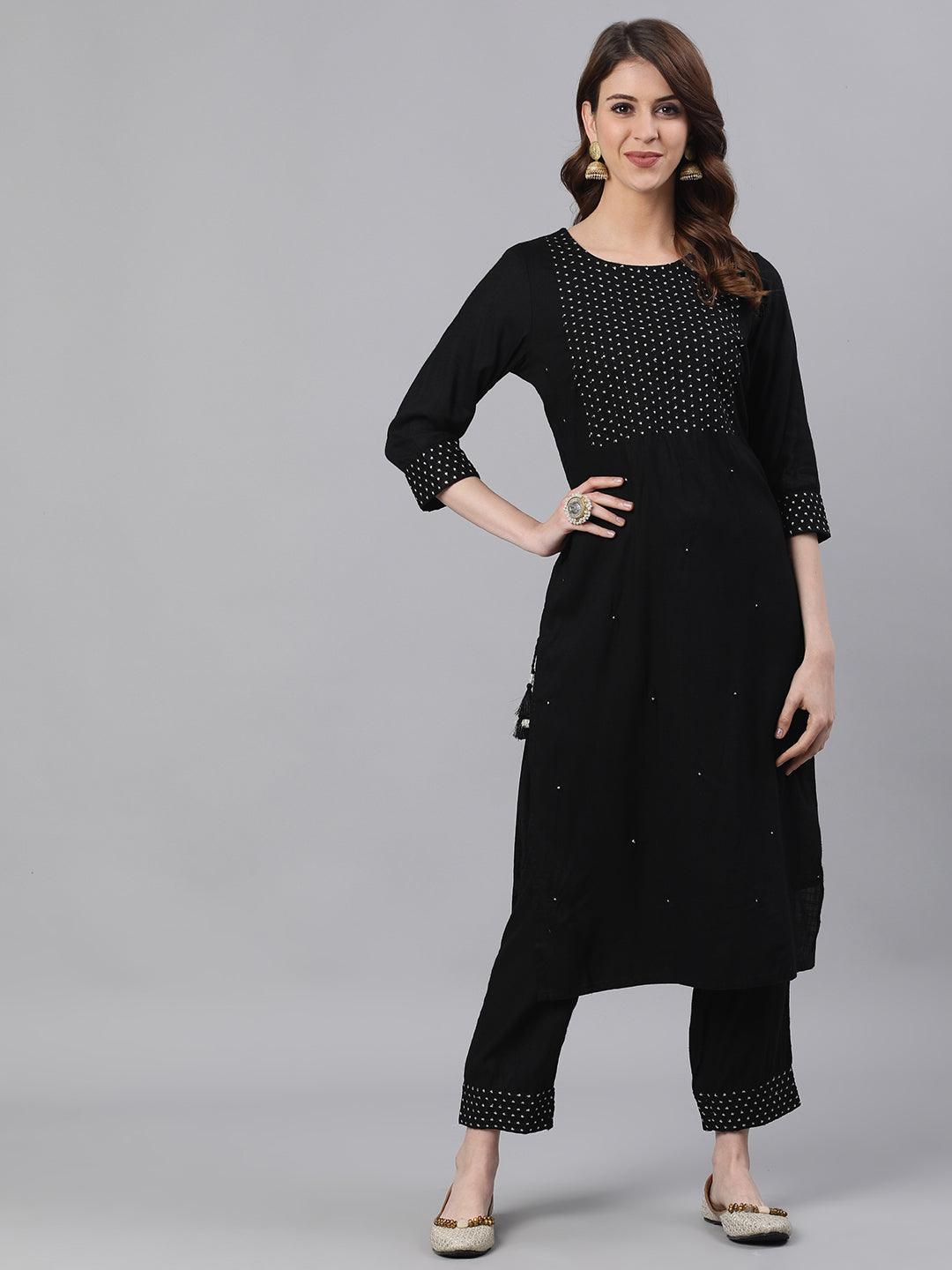 Women's Rayon Black Embroidered A-Line Kurta Trouser Set - Ishin - Indiakreations