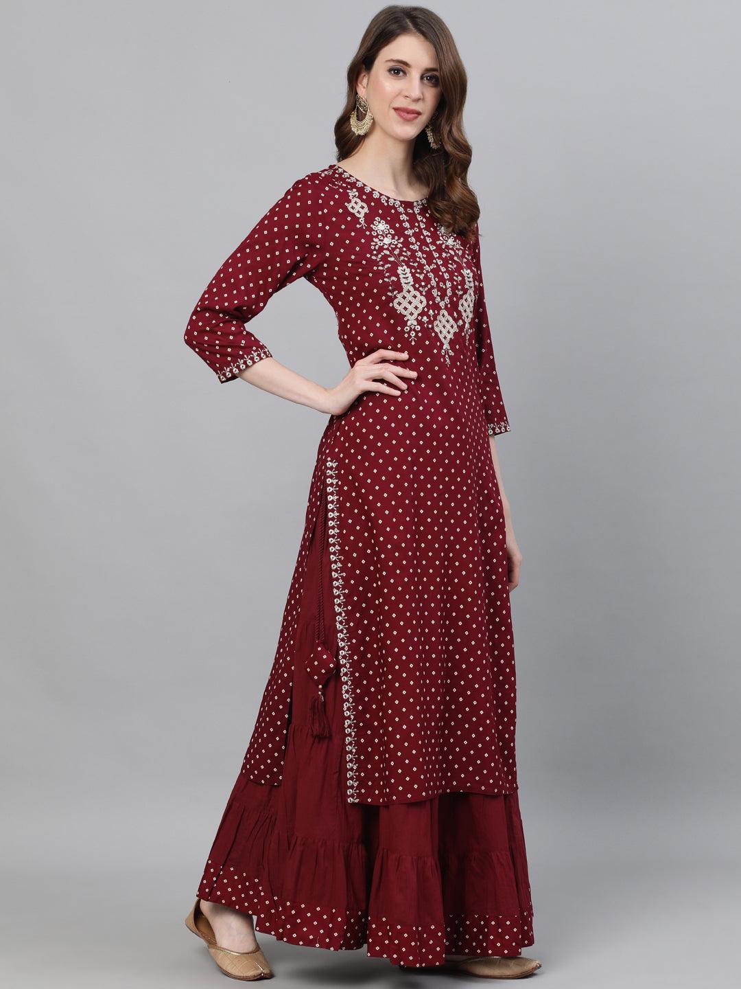 Women's Rayon Maroon Yoke Embroidered Straight Kurta Skirt Dupatta Set - Ishin - Indiakreations