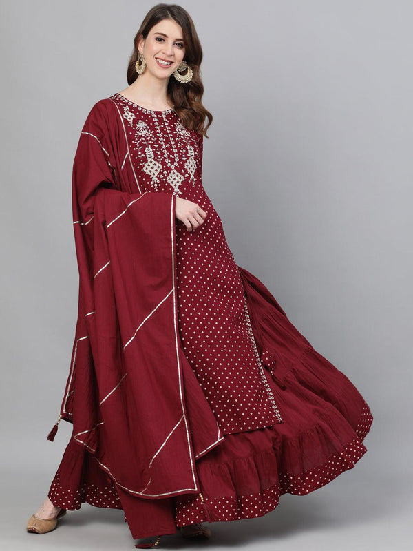 Women's Rayon Maroon Yoke Embroidered Straight Kurta Skirt Dupatta Set - Ishin - Indiakreations