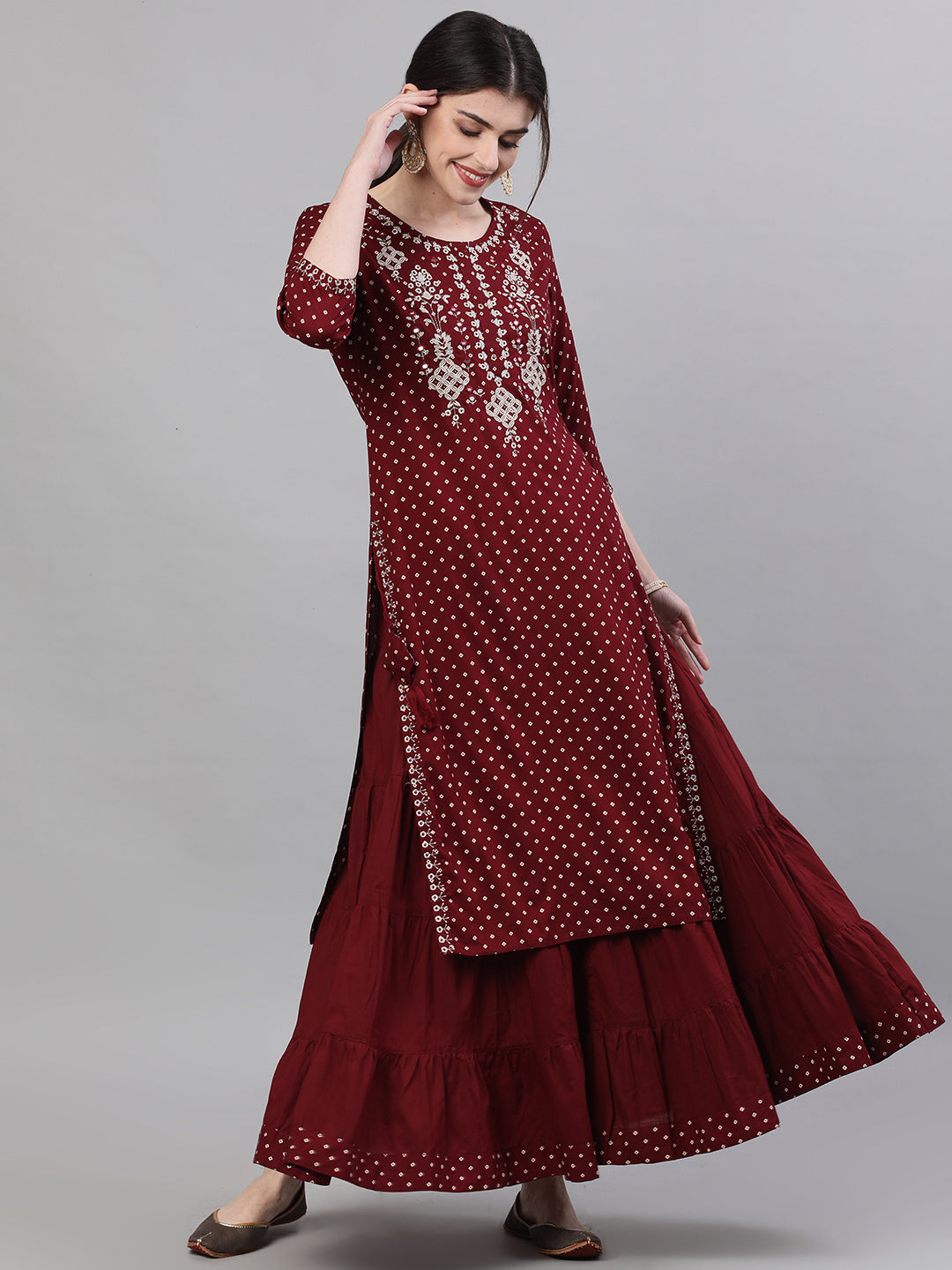 Women's Rayon Maroon Yoke Embellished Straight Kurta Skirt Set - Ishin