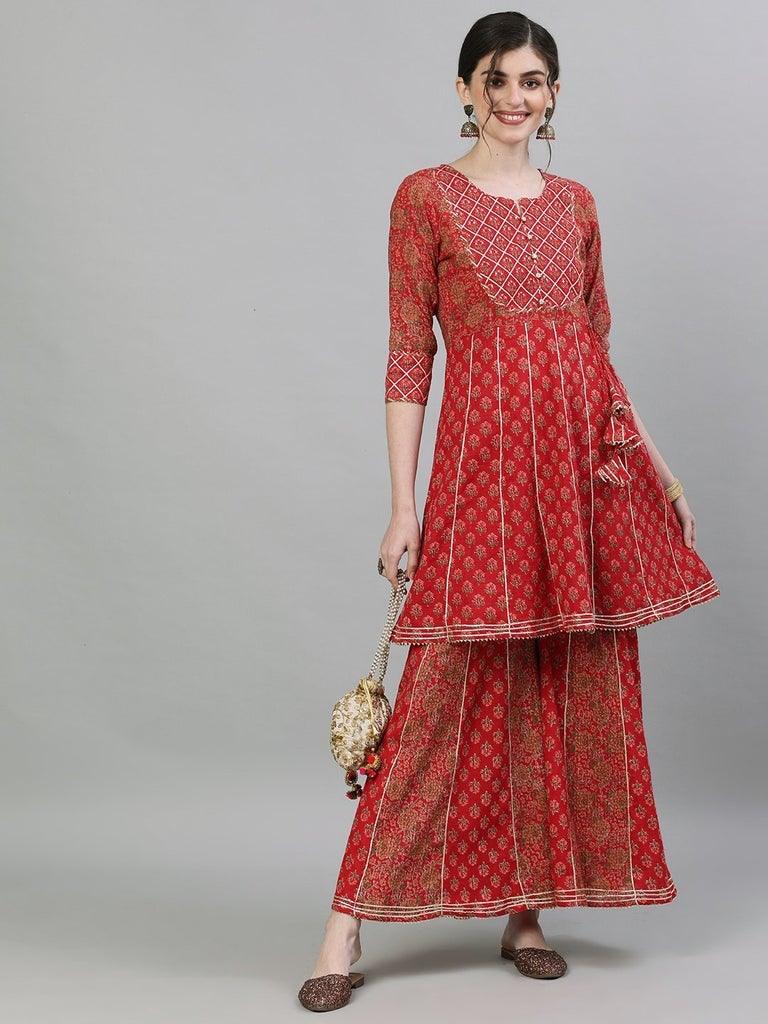 Women's Cotton Red Embellished Peplum Kurta Sharara Set - Ishin - Indiakreations