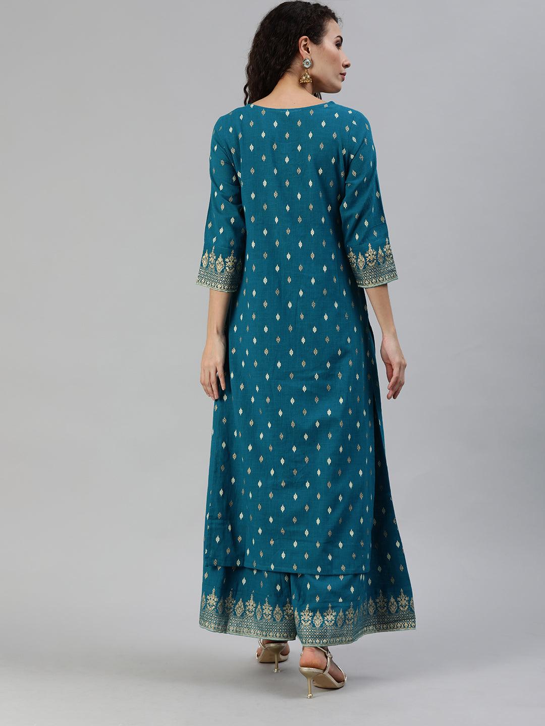 Women's Blue Yoke Embroidered A-Line Kurta Sharara Set - Ishin - Indiakreations