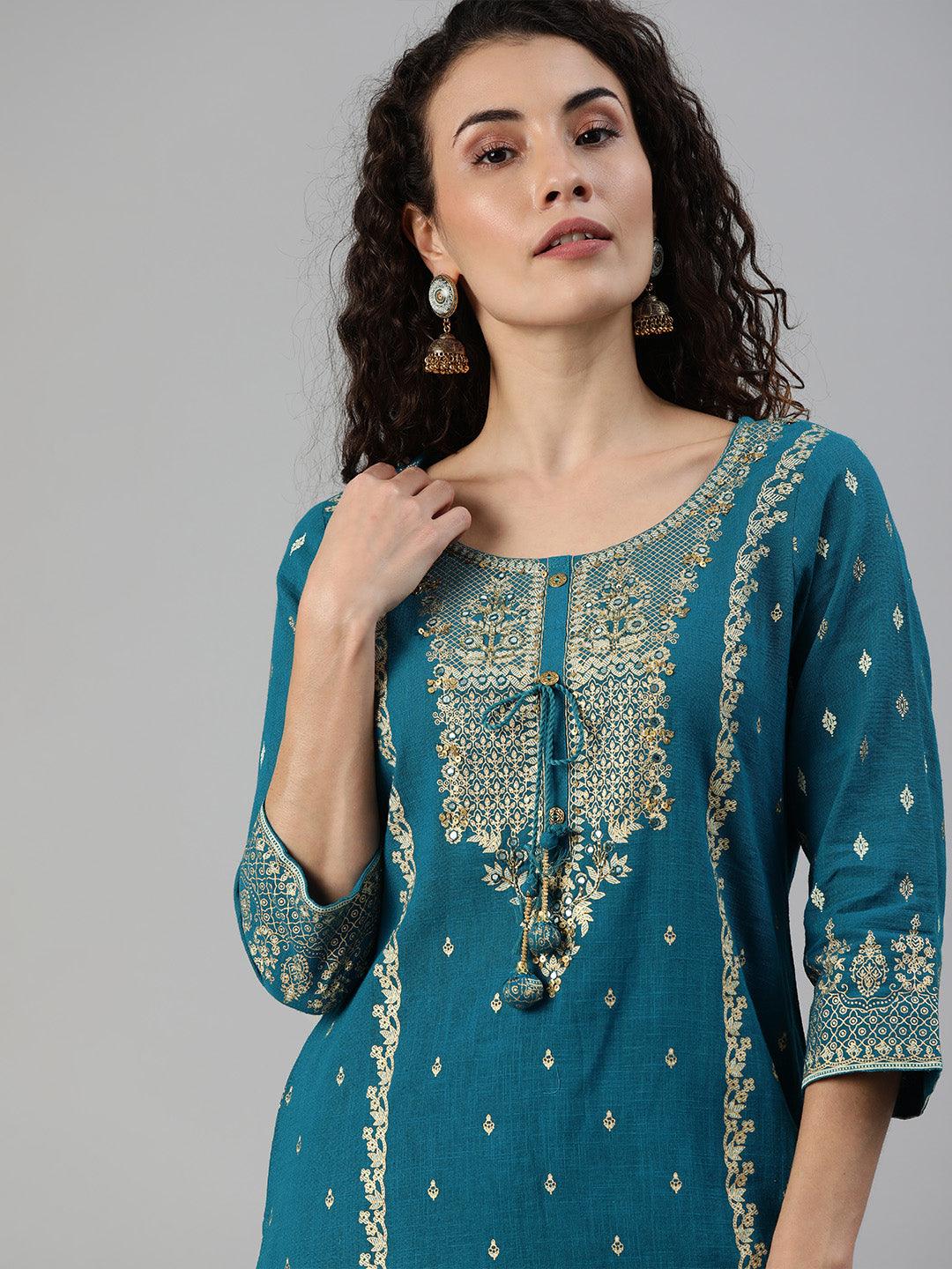 Women's Blue Yoke Embroidered A-Line Kurta Sharara Set - Ishin - Indiakreations