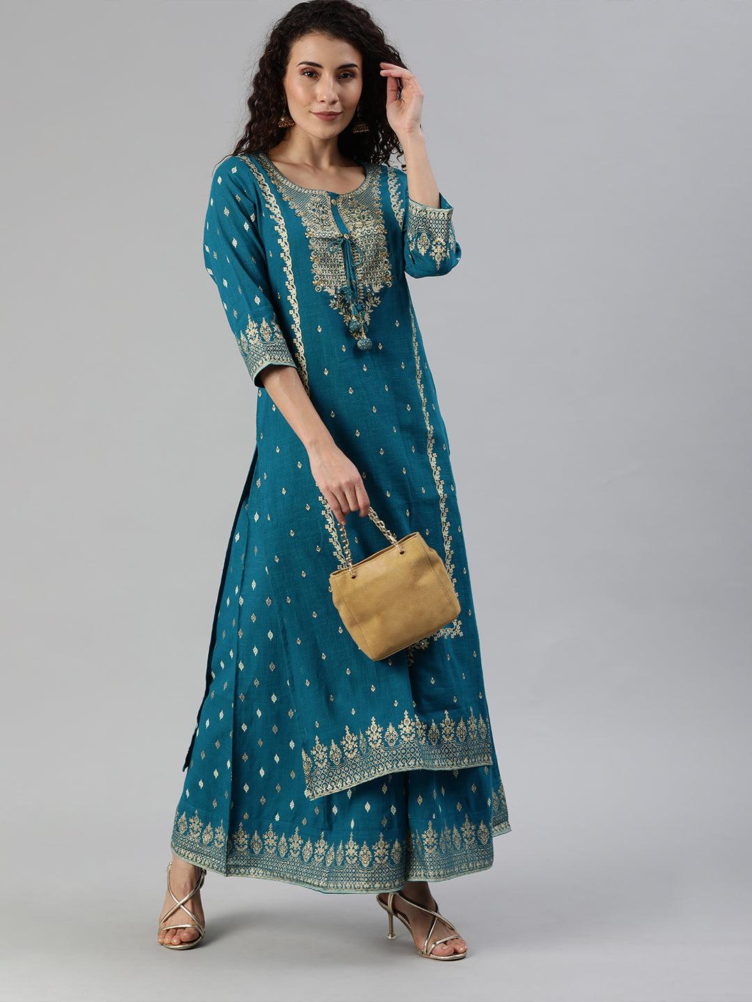 Women's Blue Yoke Embroidered A-Line Kurta Sharara Set - Ishin - Indiakreations