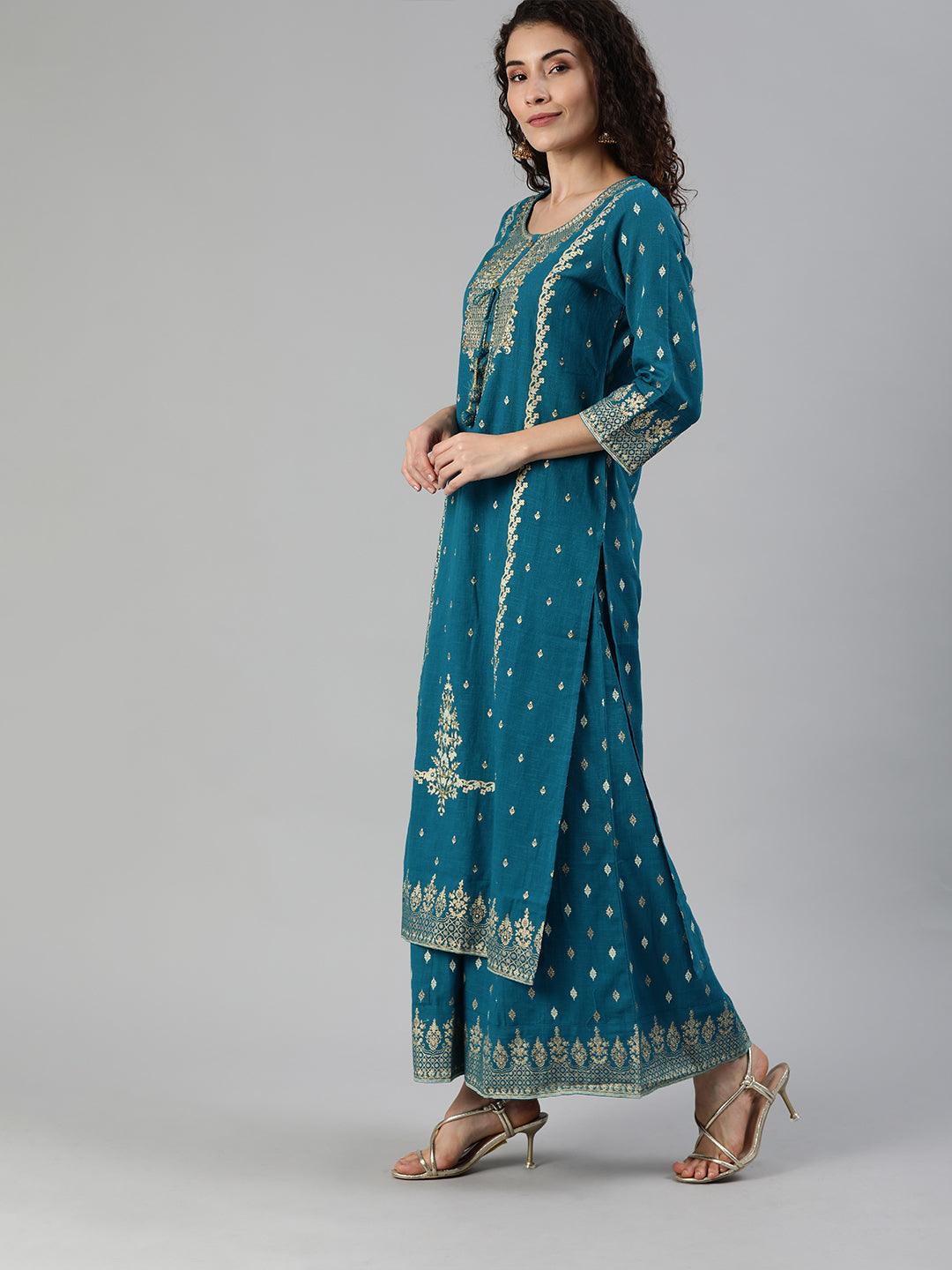 Women's Blue Yoke Embroidered A-Line Kurta Sharara Set - Ishin - Indiakreations