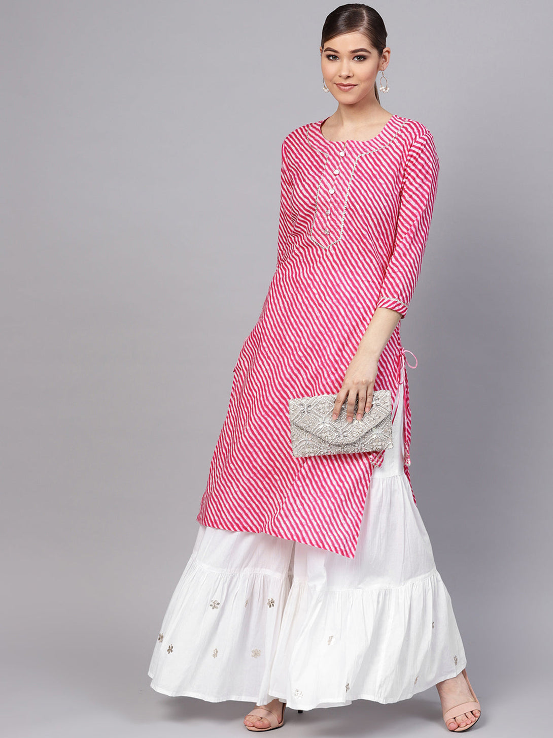 Women's Pink & White Cotton Kurta with Sharara by Ishin (2pcs Set)