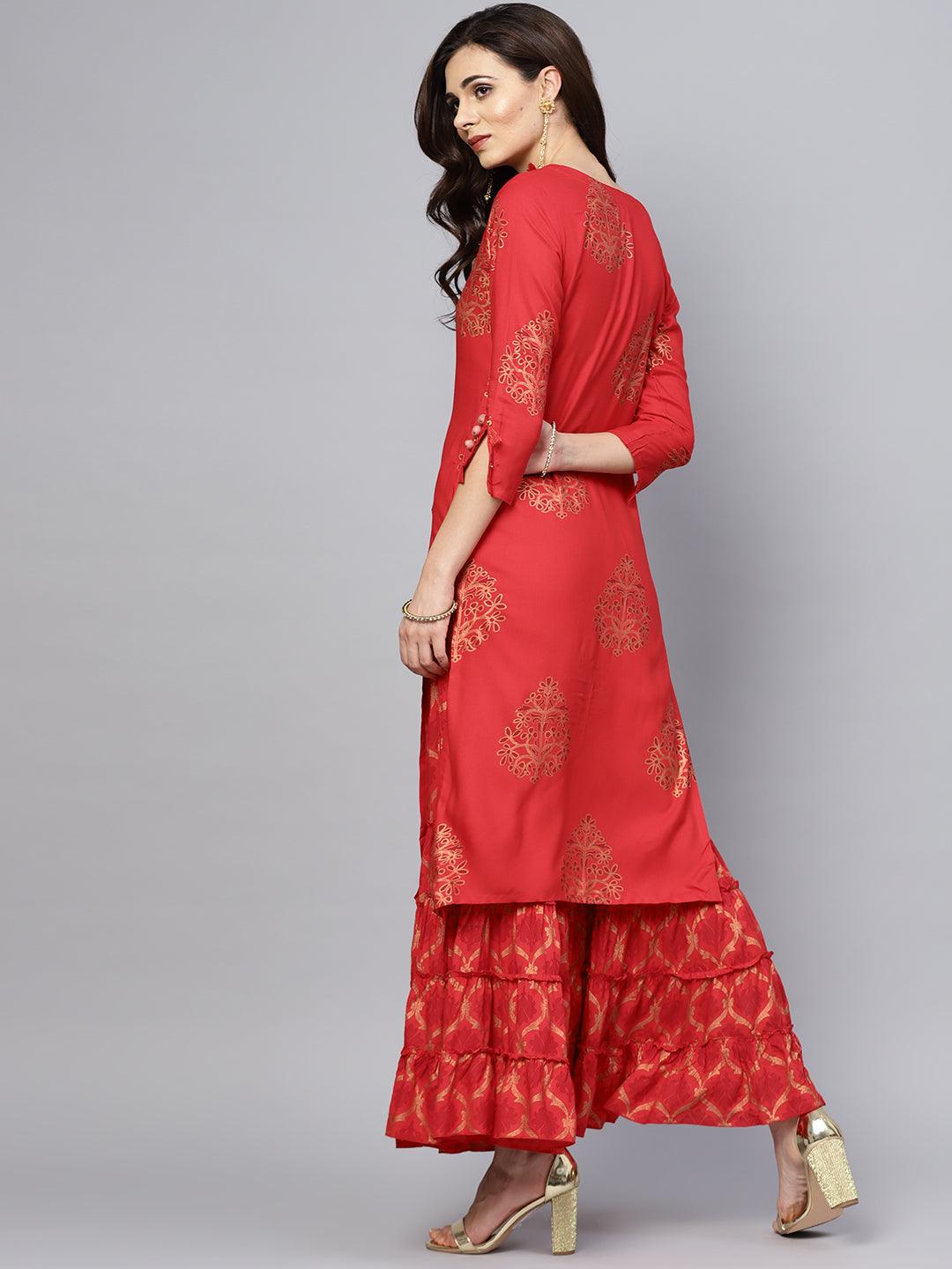 Women Red Rayon Kurta with Sharara by Ishin (2pcs Set) - Indiakreations