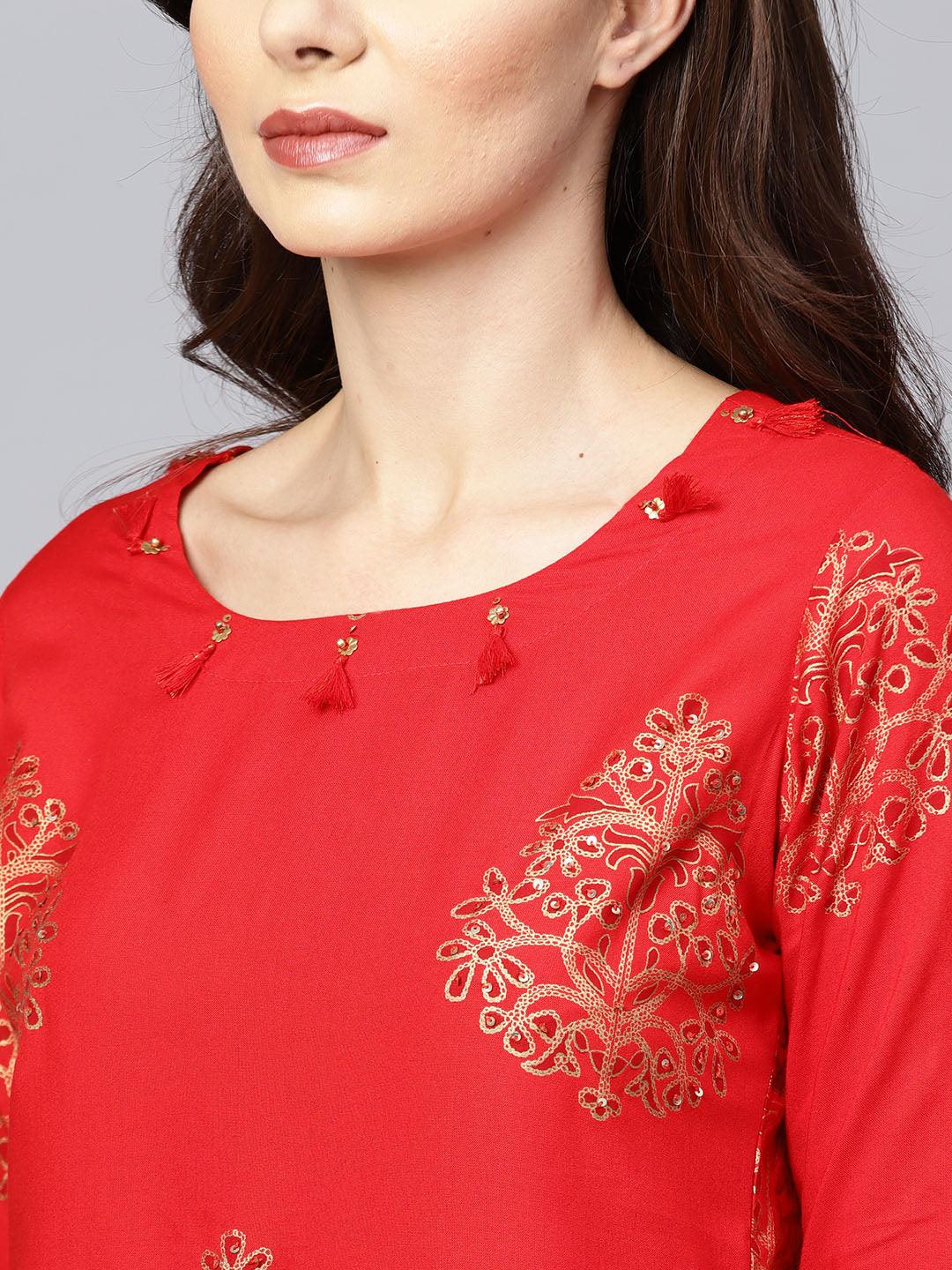 Women Red Rayon Kurta with Sharara by Ishin (2pcs Set) - Indiakreations