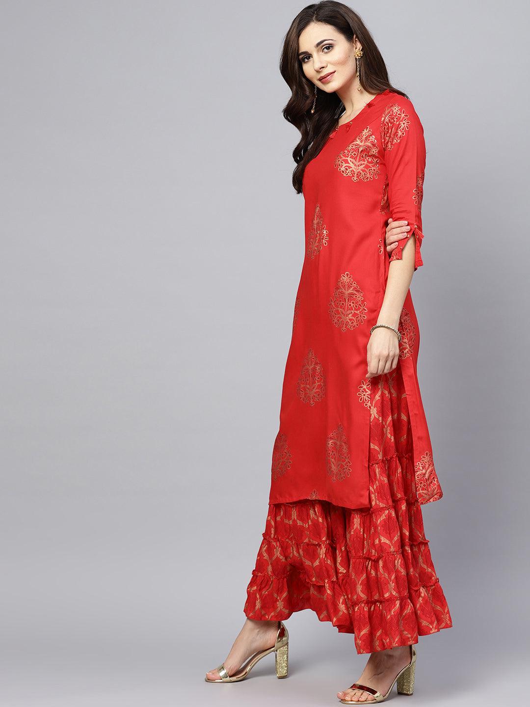 Women Red Rayon Kurta with Sharara by Ishin (2pcs Set) - Indiakreations