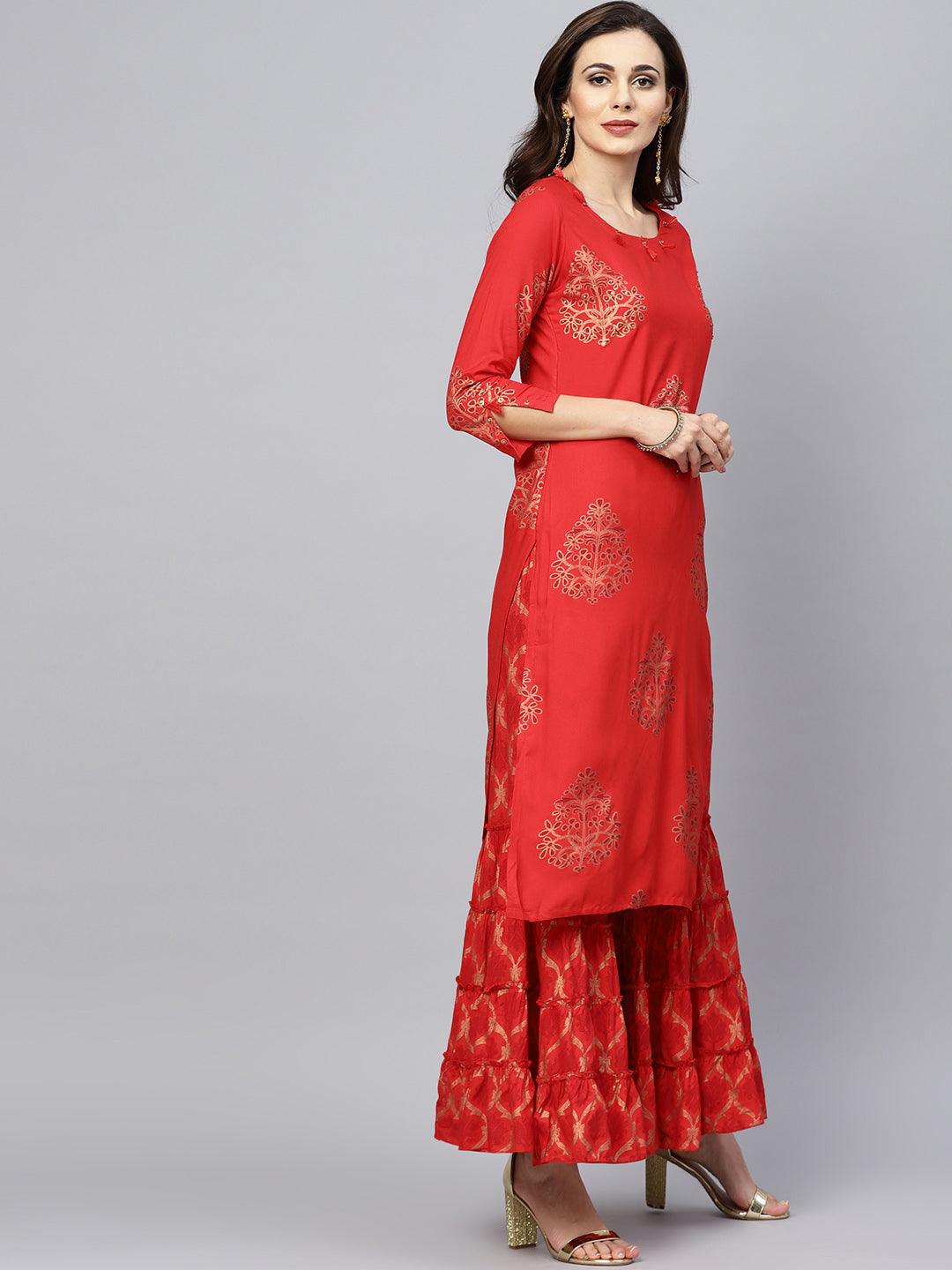 Women Red Rayon Kurta with Sharara by Ishin (2pcs Set) - Indiakreations