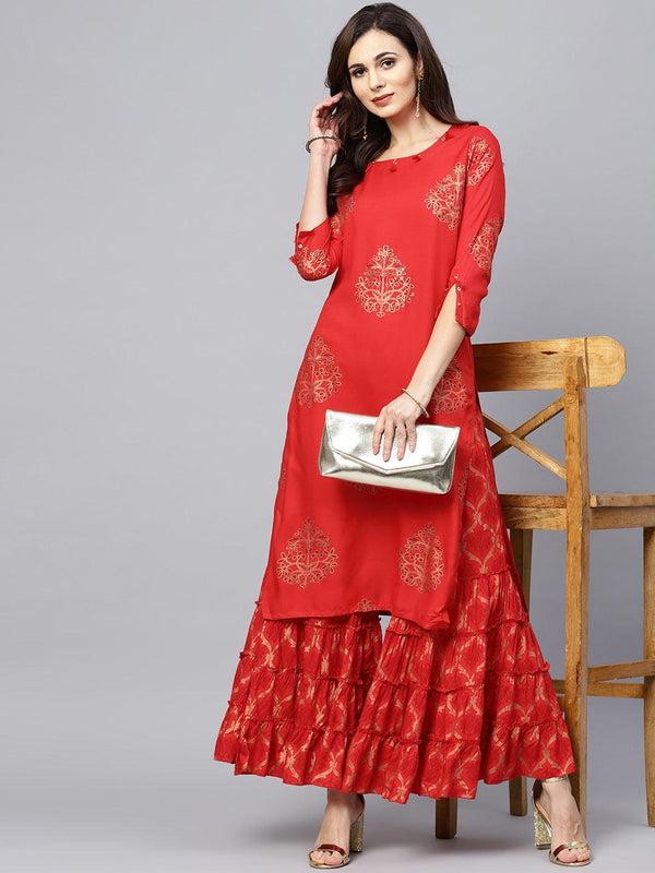 Women Red Rayon Kurta with Sharara by Ishin (2pcs Set) - Indiakreations