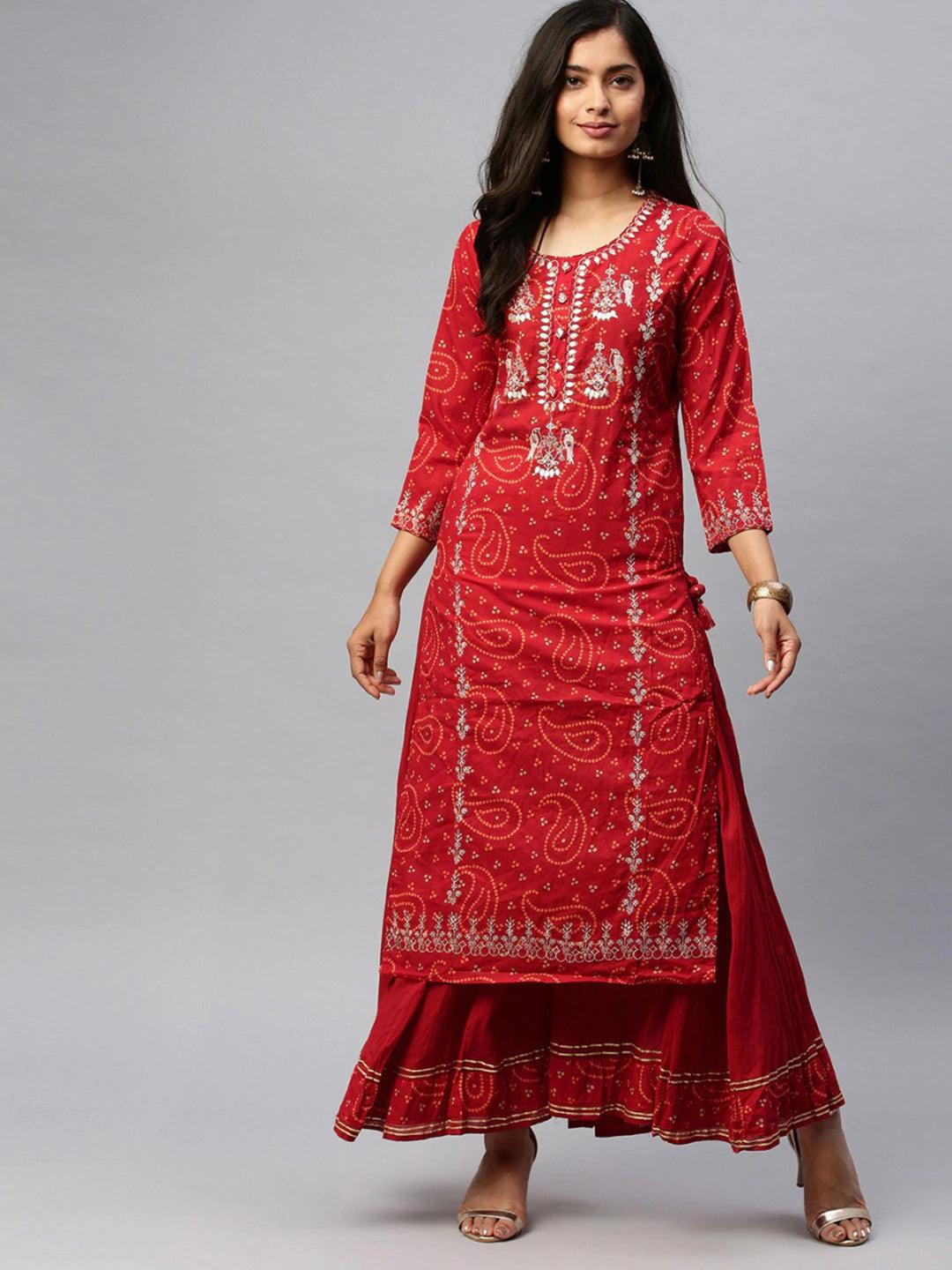 Women's Cotton Red Bandhani Print Embellished Straight Kurta Sharara Set - Ishin - Indiakreations