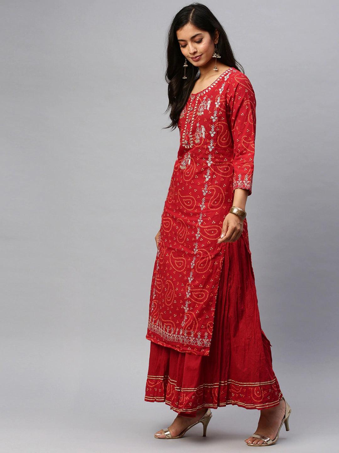 Women's Cotton Red Bandhani Print Embellished Straight Kurta Sharara Set - Ishin - Indiakreations