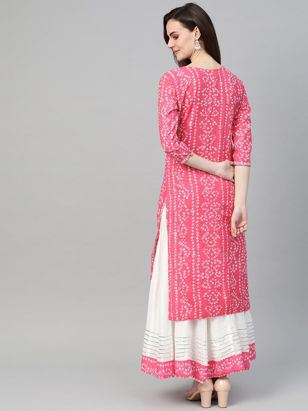 Women Pink & White Cotton Kurta with Skirt by Ishin (2pcs Set) - Indiakreations