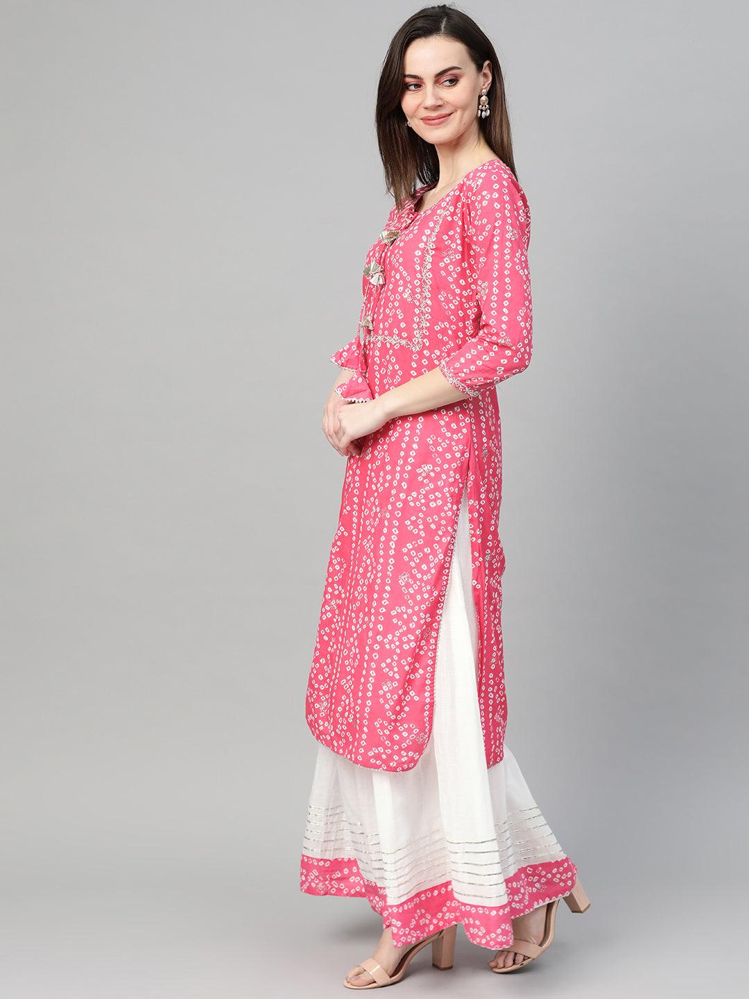 Women Pink & White Cotton Kurta with Skirt by Ishin (2pcs Set) - Indiakreations