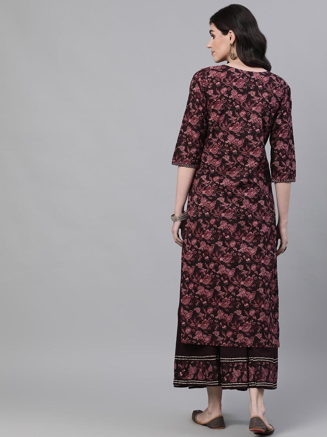 Women's Cotton Burgundy Embellished A-Line Kurta Sharara Set - Ishin - Indiakreations