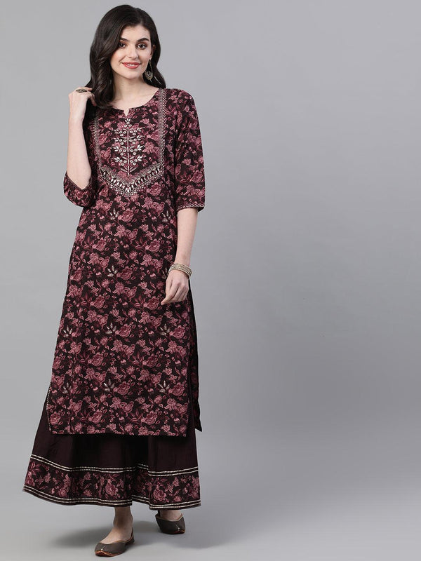 Women's Cotton Burgundy Embellished A-Line Kurta Sharara Set - Ishin - Indiakreations