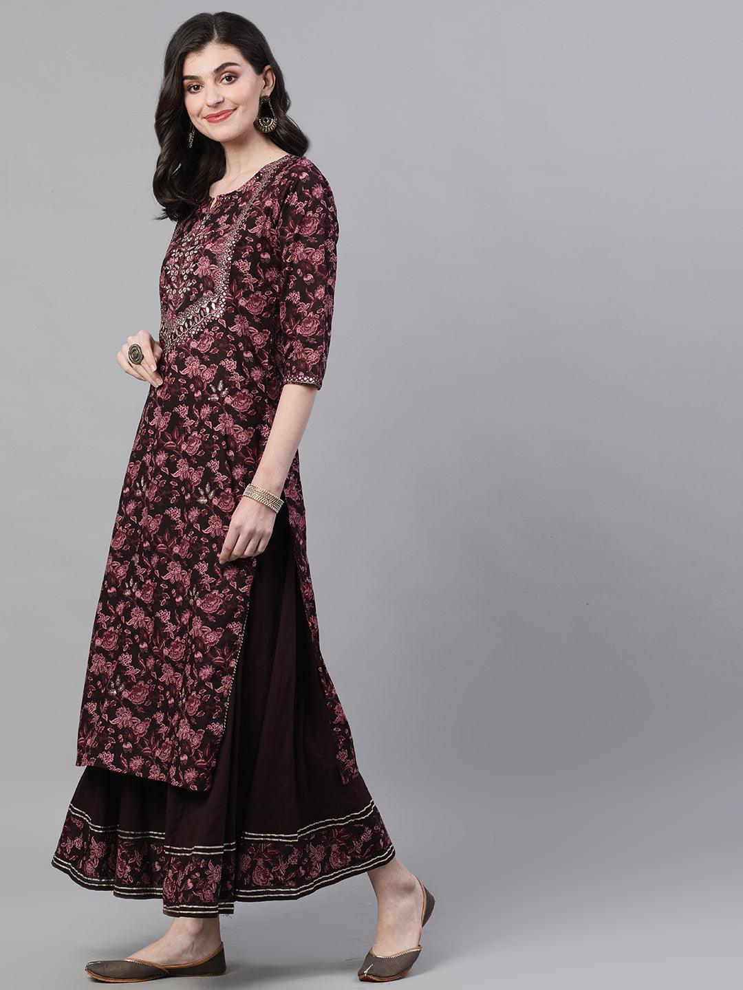 Women's Cotton Burgundy Embellished A-Line Kurta Sharara Set - Ishin - Indiakreations