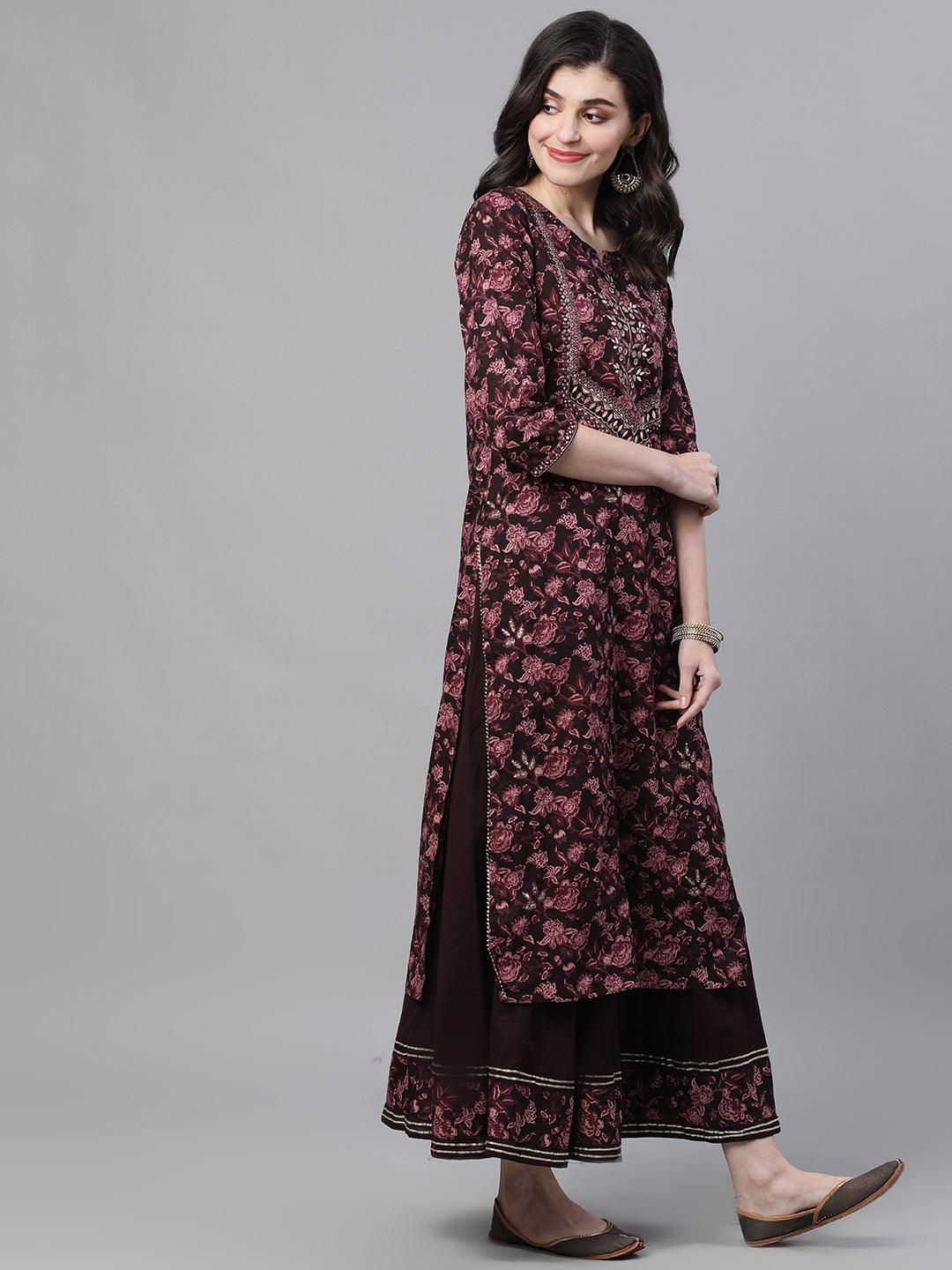 Women's Cotton Burgundy Embellished A-Line Kurta Sharara Set - Ishin - Indiakreations