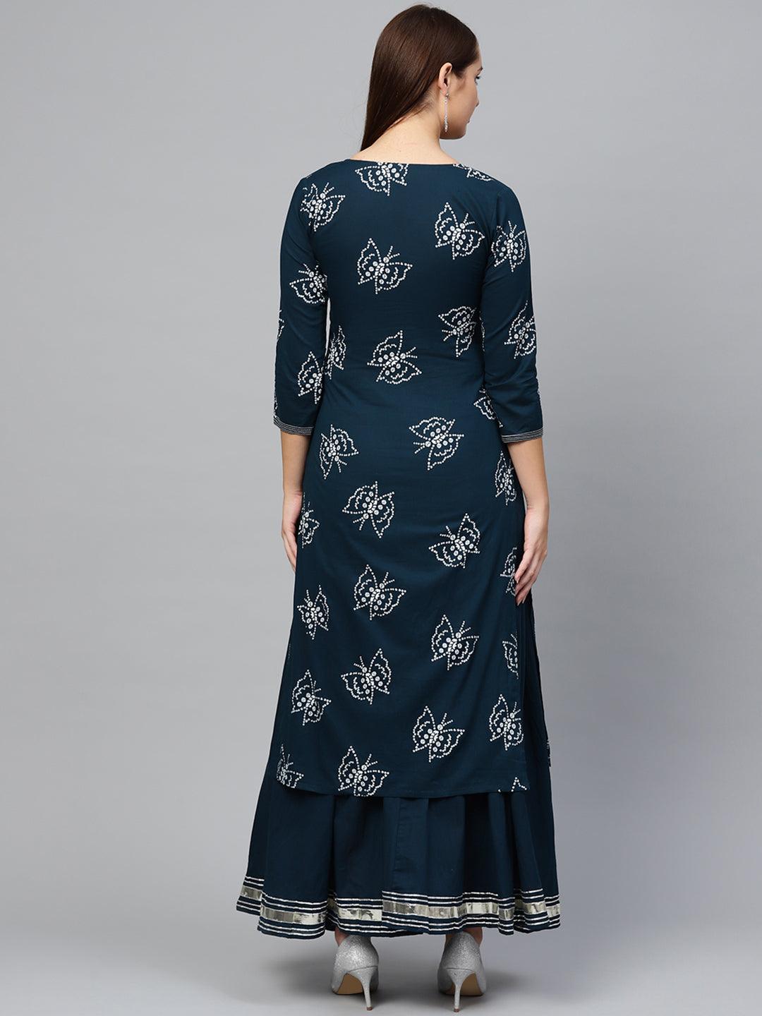 Women's Bandhani Printed Embellished A-Line Kurta Sharara Set - Ishin - Indiakreations