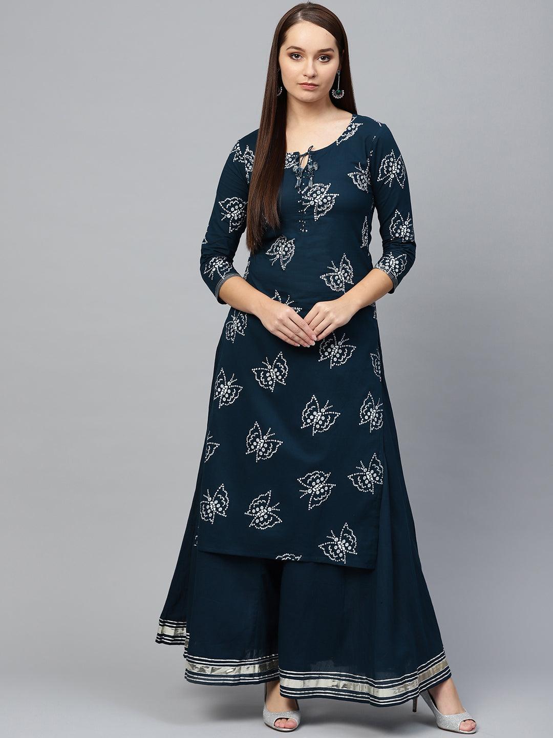 Women's Bandhani Printed Embellished A-Line Kurta Sharara Set - Ishin - Indiakreations