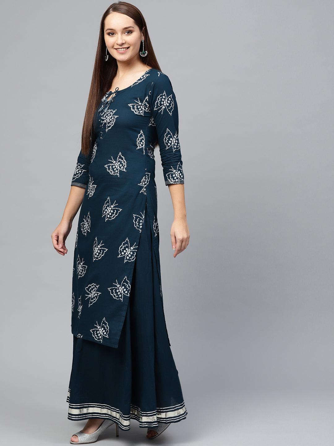 Women's Bandhani Printed Embellished A-Line Kurta Sharara Set - Ishin - Indiakreations