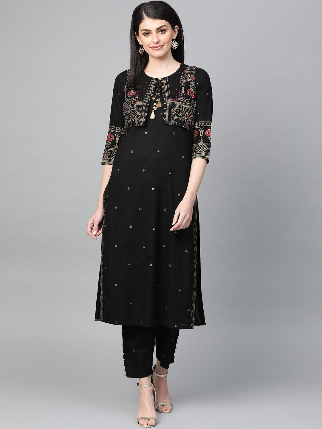 Women's Cotton Black Embellished A-Line Kurta Trouser Set With Jacket - Ishin