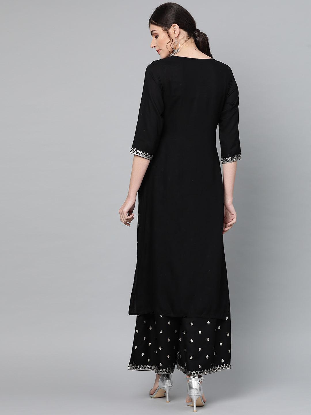 Wome Black Rayon A-Line Kurta with Palazzo by Ishin (2pcs Set) - Indiakreations