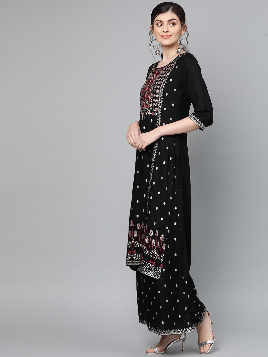 Wome Black Rayon A-Line Kurta with Palazzo by Ishin (2pcs Set) - Indiakreations