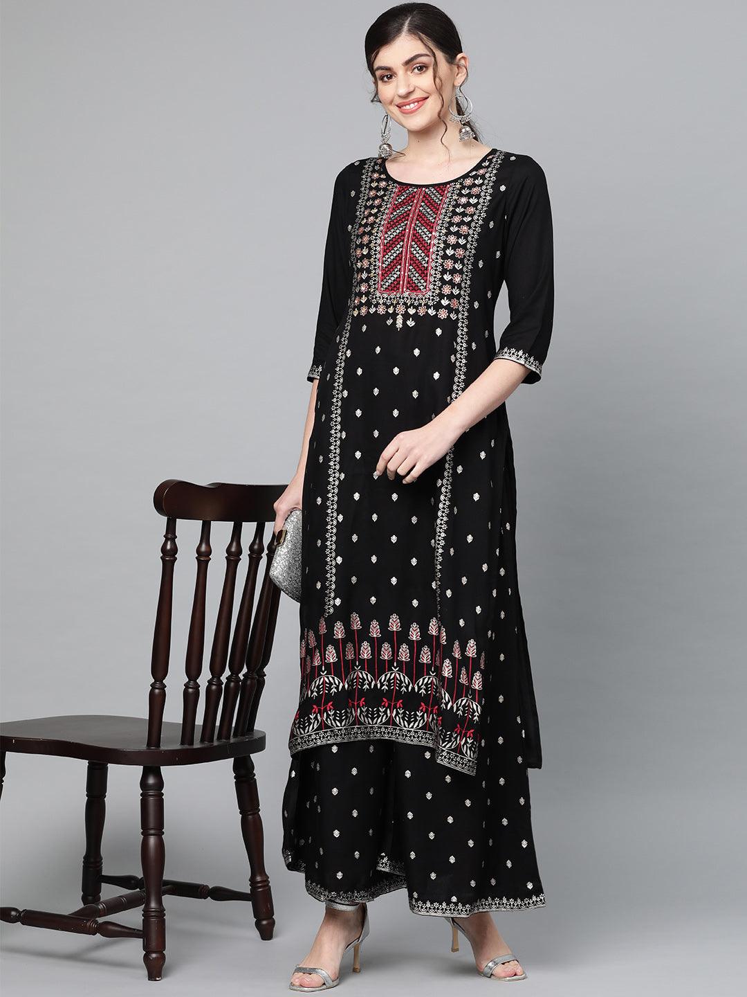 Wome Black Rayon A-Line Kurta with Palazzo by Ishin (2pcs Set) - Indiakreations