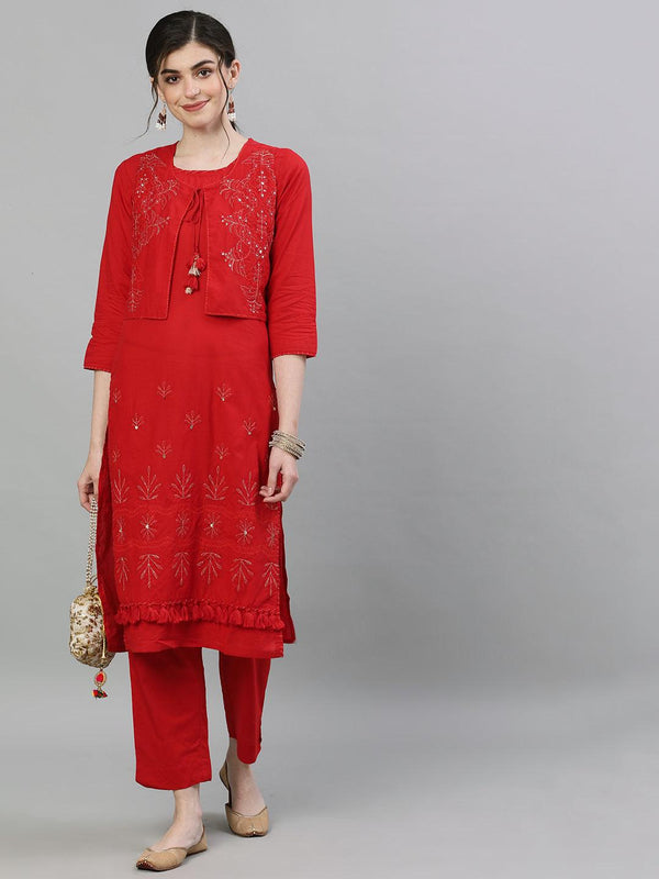 Women's Cotton Red Zari Embellished Straight Kurta Trouser With Jacket - Ishin - Indiakreations