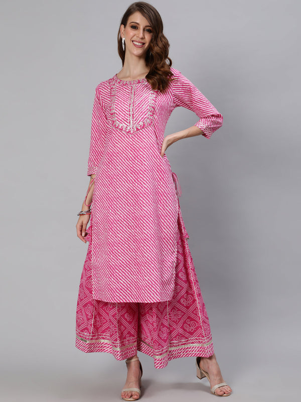 Women's Cotton Pink Embroidered A-Line Leheriya Kurta Sharara Set - Ishin