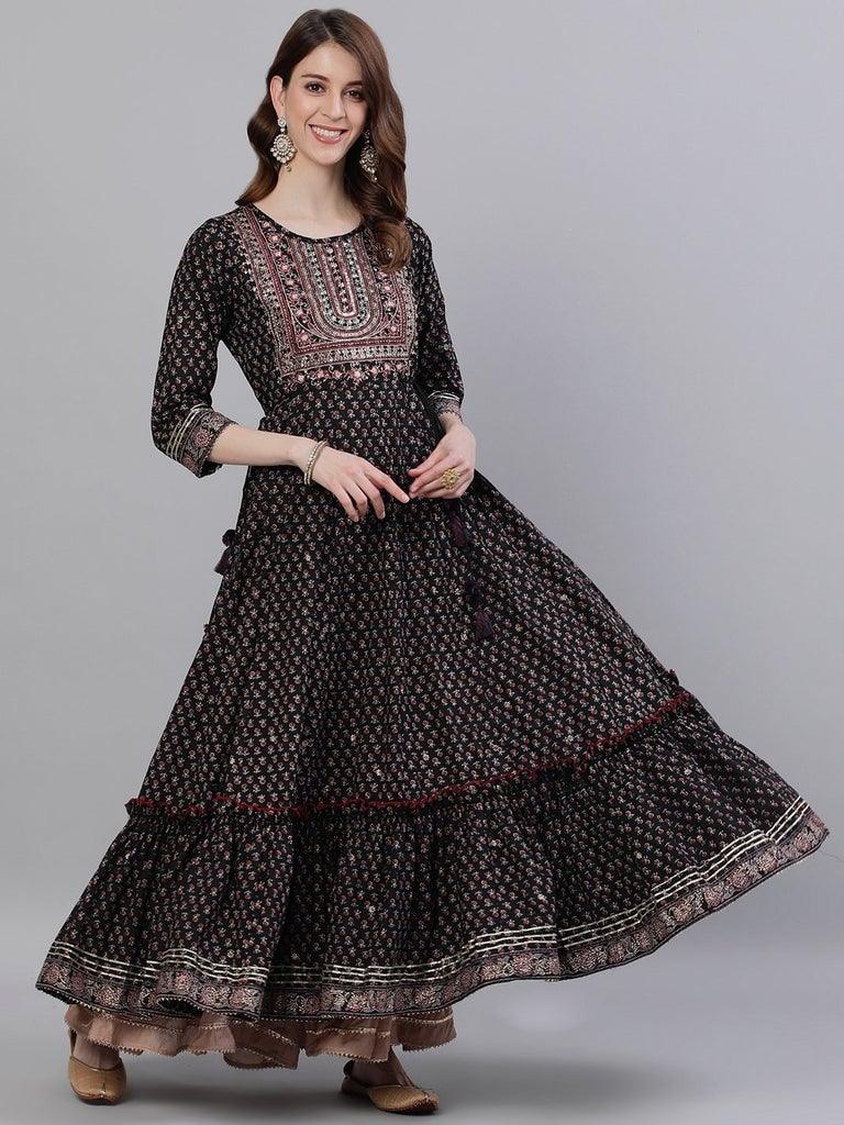 Women's Black Yoke Embellished Anarkali Kurta - Ishin - Indiakreations