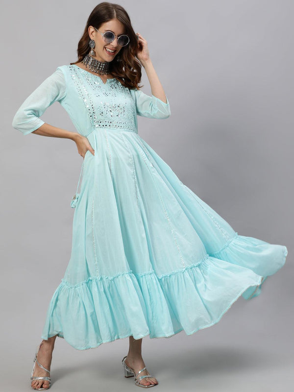 Women's Sea Blue Embroidered Anarkali Kurta - Ishin - Indiakreations