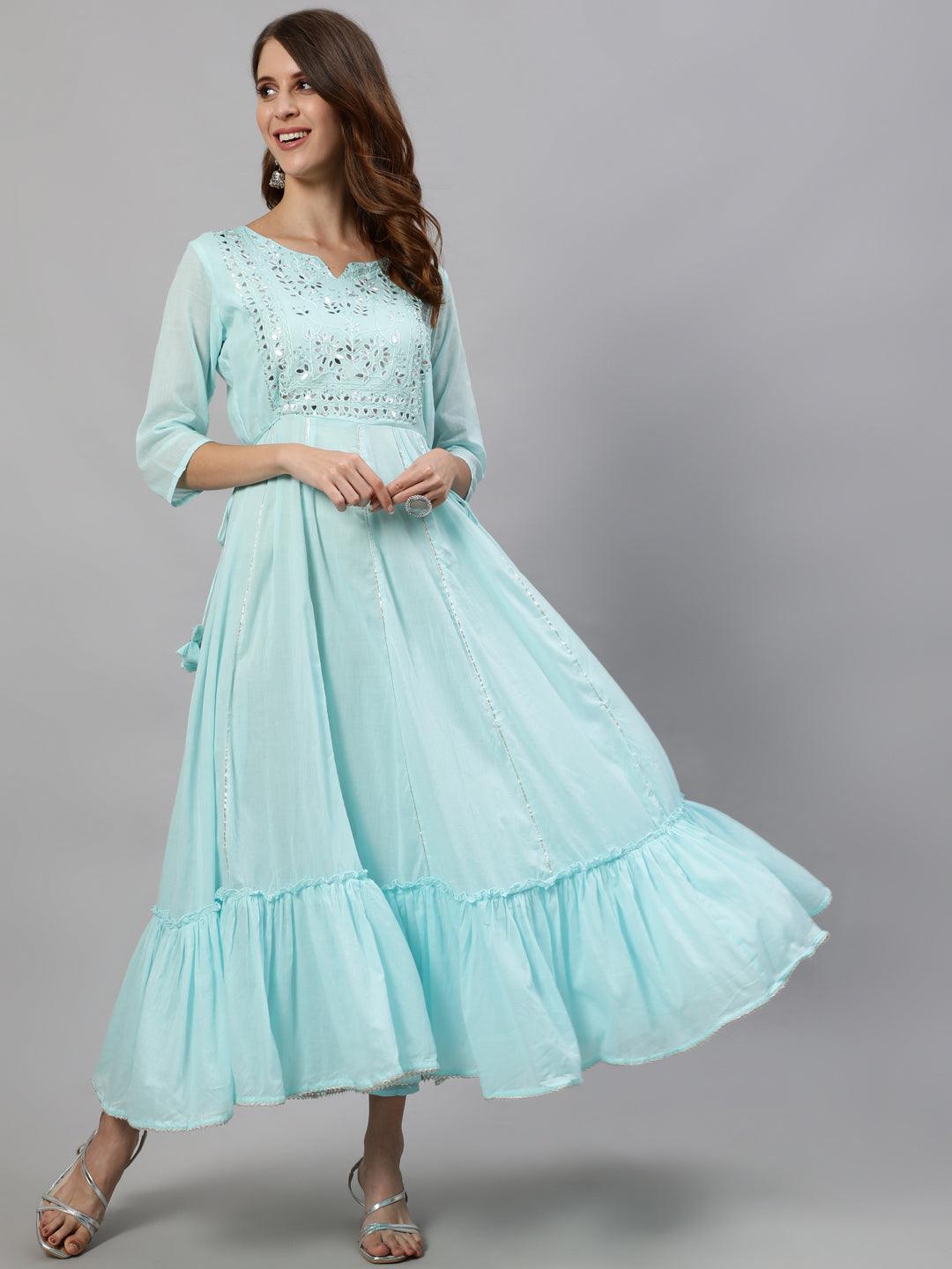 Women's Sea Blue Embroidered Anarkali Kurta - Ishin - Indiakreations