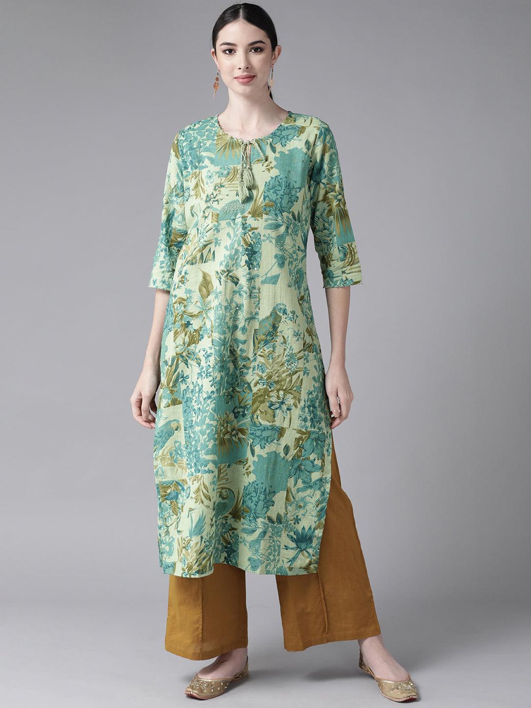 Women's Pure Cotton Green Embroidered A-Line Kurta - Ishin - Indiakreations