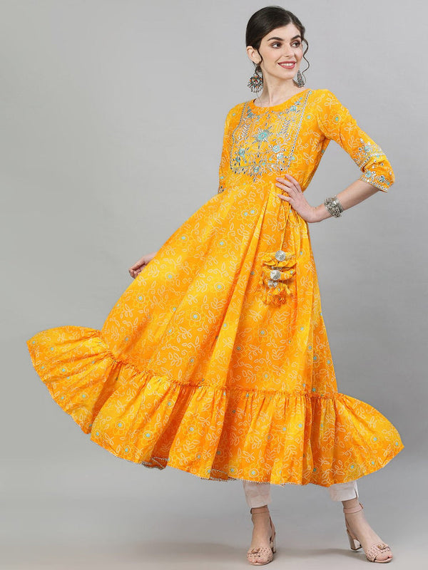 Women's Rayon Yellow Bandhani Embellished Anarkali Kurta - Ishin