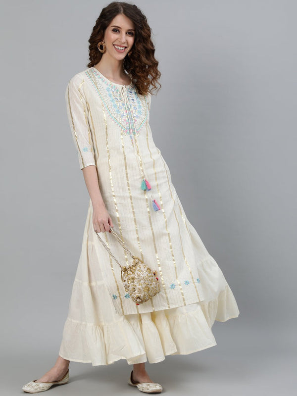 Women's Off White Lurex Embellished Layered Kurta - Ishin